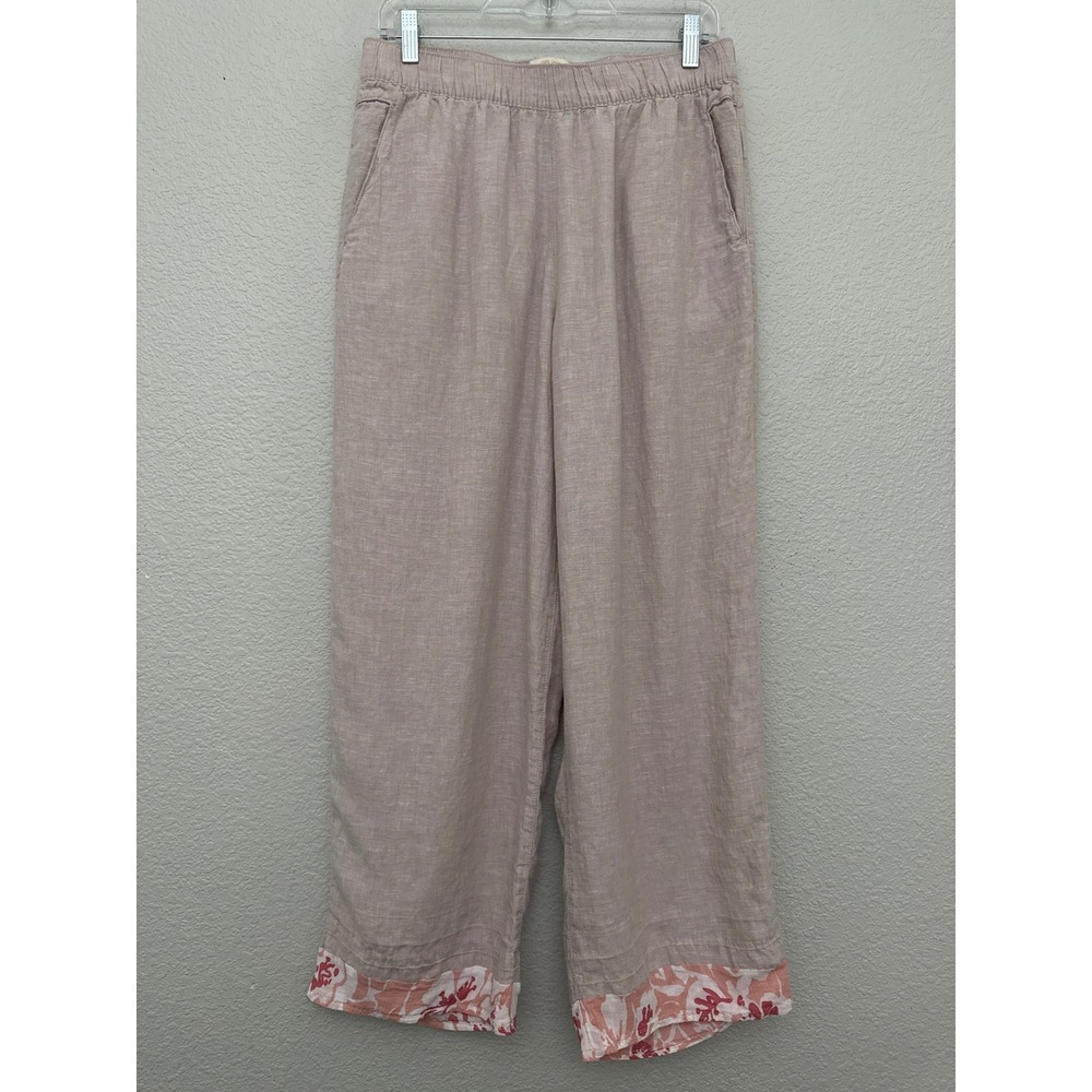 Cynthia Rowley Linen Pants Large Pink Floral Hem Elastic Waist